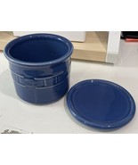 Longaberger Pottery Cornflower Blue Pint Salt Crock Coaster Lid Woven Tr... - $14.84