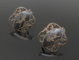 SIAM 925 Silver - Vintage Enamel Niello Dancer Non Pierce Drop Earrings - EG7912 - £32.55 GBP