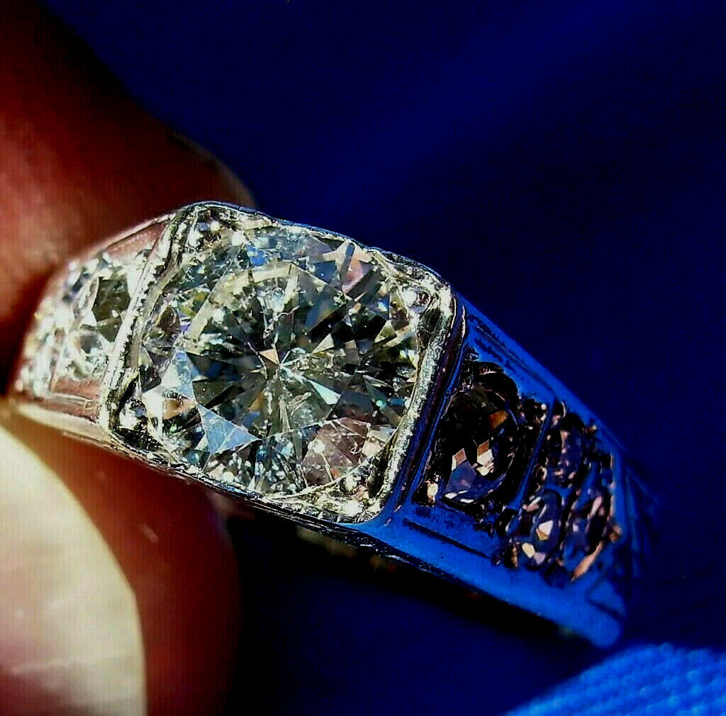 Earth mined Diamond Deco Engagement Ring Vintage Solid 14k White Gold Statement Item image 10