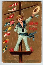 New Year Postcard Boy In Sailor Suit Ship Flags Water Hat Flowers Vintage 1909 - £9.41 GBP