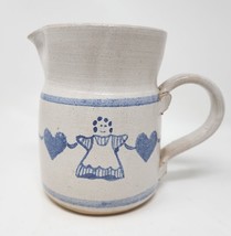 Vintage Reif Pottery Salt Glazed Pitcher 5.5”x4&quot;  Signed Blue Hearts U118 - £18.07 GBP