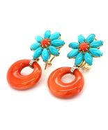 18k Gelbgold, Türkis, Koralle und Diamant Blume Creolen 3.8cm 16g - €3.569,14 EUR