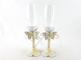 Wedding Reception Toasting Flutes ~ Butterfly Champagne Glasses, YELLOW #461 - £9.98 GBP
