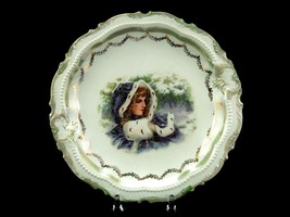 Decorative Plate, Victorian Woman in Blue Coat, Embossed Floral &amp; Beads, PLT-81 - £11.57 GBP