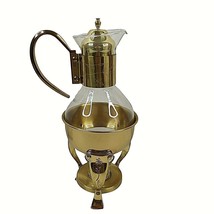 Vintage Brass Coffee Tea Glass Carafe Pitcher Pot Candle Warmer Stand 1970s - £39.51 GBP