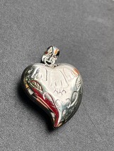 Estate Floral Etched Silvertone Puffy Heart Pendant – 1.5 x 1 inches including  - £10.29 GBP