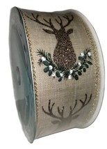2.5 x 50 Yds Premium Wired Christmas Ribbon Glitter Reindeer Buck Natural Burlap - £19.94 GBP