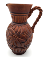 Vintage Pottery Pitcher Jug Wood Carved Appearance Rope Style Handle Bro... - £19.50 GBP