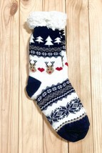 Navy Heart Reindeer Sherpa Traction Bottom Slipper Socks - £13.36 GBP