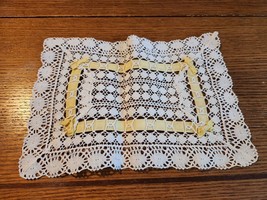 Handmade Crochet lace Doily With Yellow Ribbon 12x9 Off White - £11.25 GBP