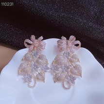 Luxury Big Bride Dangle Earring Beautiful Bowknot Flower Leaf Design Paved Full  - £69.71 GBP