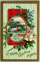 Flowers and Holly Cabin Scene A Happy Christmas Gilt Embossed DB Postcard H4 - £5.51 GBP