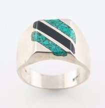 Vintage Mexican Sterling Silver Ring w/ Inlay Turquoise &amp; Black Enamel (Size 8) - £132.62 GBP