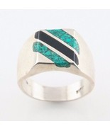Vintage Mexican Sterling Silver Ring w/ Inlay Turquoise &amp; Black Enamel (... - £128.44 GBP