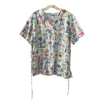 SB Scrubs Flamingo Palm Tree Print Wrap Scrub Top White Size L - $16.20