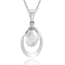 Boho Elegance Floating Mother of Pearl Sterling Silver Oval Pendant Necklace - £14.43 GBP