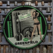 Vintage 1945 Greenfield Tap And Thread Gages Porcelain Gas &amp; Oil Sign - £100.22 GBP