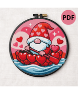 A gnome sails on a boat made of hearts for Valentine's Day, Cross stitch pattern - $5.00