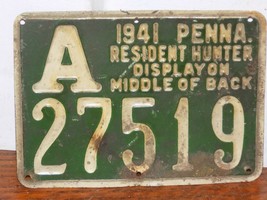 Vintage 1941 PA Resident Hunting Tin Embossed License A 27519 - $54.45