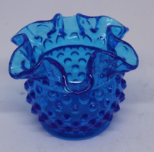 Vintage Hobnail Cobalt Blue Glass 3&quot; Vase Crimped Ruffle Edge Candle Hold Fenton - £23.66 GBP