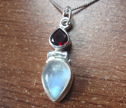 Faceted Garnet and Moonstone Teardrop 925 Sterling Silver Necklace - £14.33 GBP