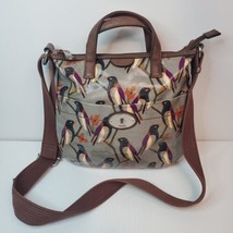 Fossil Key-Per Gray &amp; Purple Birds Coated Canvas W/Leather Trim Zipper Handbag - £16.60 GBP