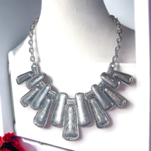 Vintage Silver Tone Bib Statement Armor Goth Style Necklace 14&quot; - £6.80 GBP