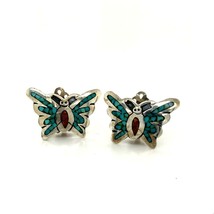 Vtg Sterling Silver Southwest Navajo Inlay Turquoise Coral Butterfly Earrings - £42.67 GBP