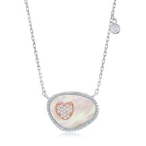 Silver Oval MOP and RG CZ Heart w/ Single Bezel Set CZ Necklace - $51.30