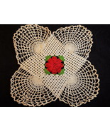 Vintage Large HAND CROCHETED DOILY Ivory w/ 3-D ROSE CENTER Square 11&quot;x11&quot; - $8.13 CAD