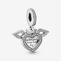 S925 Sterling Silver Heart and Angel Wings Dangle Charm,Friend Gift,Gift... - $13.99