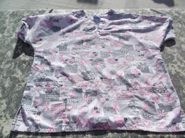Scrub H.Q. White Gray Pink Cancer Ribbon Heart &amp; Floral Design Scrub Top... - $14.24