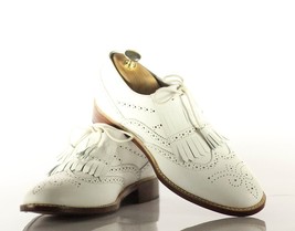 Handmade Men&#39;s White Leather Wing Tip Brogue Shoes, Men Fringes Dress Shoes - £116.27 GBP
