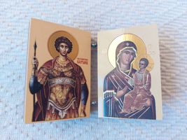 Handmade Serbian Diptych Icon St George with Isus Christ and Mother of God - $14.99