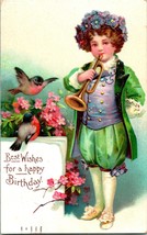  Postcard Ellen Clapsaddle Unsigned Known Design Boy With Birds Bugle Birthday - £6.93 GBP