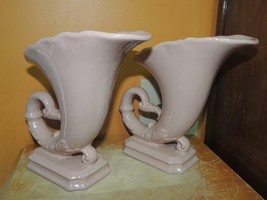 Pair Art Pottery 7.5&quot; Cornucopia Vase pink /gray drip glaze victorian un... - $20.24