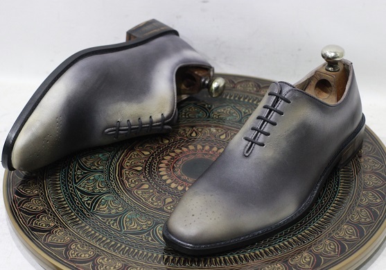 New Men's Handmade Formal Leather Shoes Grey Black Leather Lace Up Dress