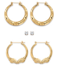 CZ 3 PAIR SET OF ROUND STUD AND TEXTURED HOOP EARRINGS GOLD TONE 2&quot; - £78.62 GBP