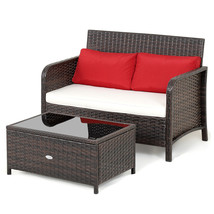 2Pcs Patio Rattan Wicker Love-Seat Coffee Table Set Cushioned Bench Garden Deck - £226.20 GBP