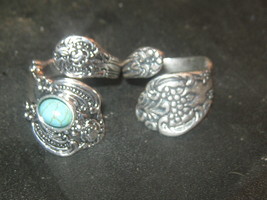 Lot 2 Vintage Style Adjustable Silver Blue Turquoise Spoon Rings Sizes 6-10 - £15.65 GBP