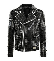 Black Philipp Plein Studded Patches Leather Jacket White Contrast Zipper Biker - £223.76 GBP