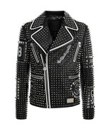 Black Philipp Plein Studded Patches Leather Jacket White Contrast Zipper... - $382.94 CAD