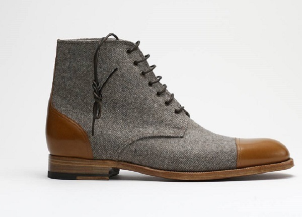 NEW Handmade Men's Gray Tan Leather Fabric boot, Men Cap Toe lace up Ankle High