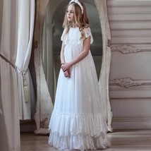 Flower Girl Dress White Lace High Waist Tulle Beaded Wedding Communion Dress - £138.54 GBP