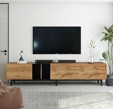 77 Inch Tv Stand With 3 Drop Down Doors, Modern Media Console, Natural Wood - £199.38 GBP