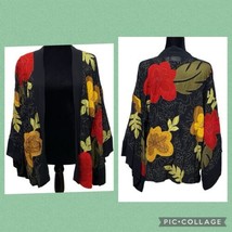 Chicos Black Floral Silk Embroidered Kimono Open Front Jacket Size 2 - £48.75 GBP