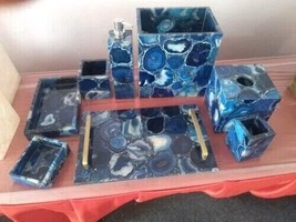 Blue Agate Gemstone Bathroom Accessories Set Of 7 Pcs Agate Bath Occasional Gift - £898.78 GBP