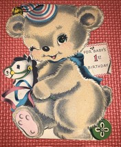 Vintage Norcross Flocked Stand Up First Birthday Greetkng Card Bear 1954 - £4.64 GBP