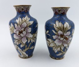 Vintage Metal Chinese Cloisonné Enamel Miniature Floral Vase 3” Set of 2 - £21.93 GBP