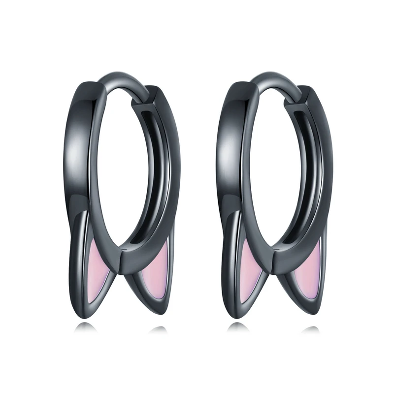 Real 925 Sterling Silver Cat Ear Hoop Earrings For Women Lovely Pink Cute Pet Pa - £19.18 GBP
